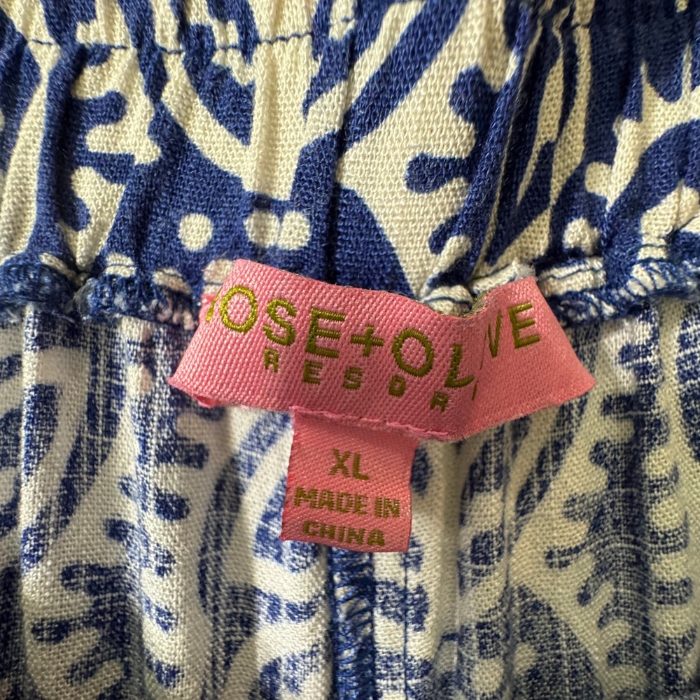 Rose + Olive Resort Blue White Geometric Paisley Wide Leg Palazzo Pants XL - Picture 6 of 16